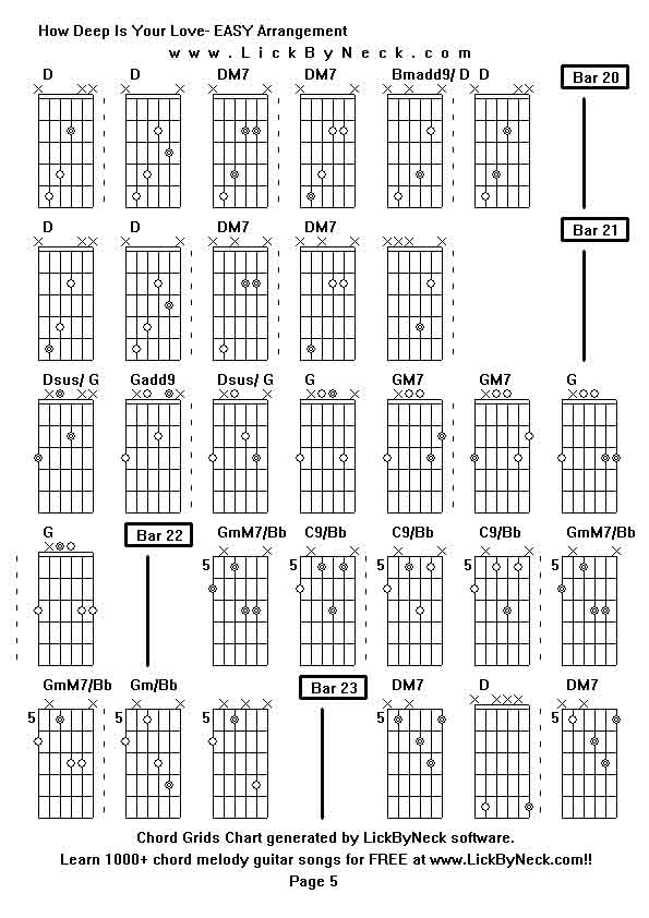 Chord Grids Chart of chord melody fingerstyle guitar song-How Deep Is Your Love- EASY Arrangement,generated by LickByNeck software.